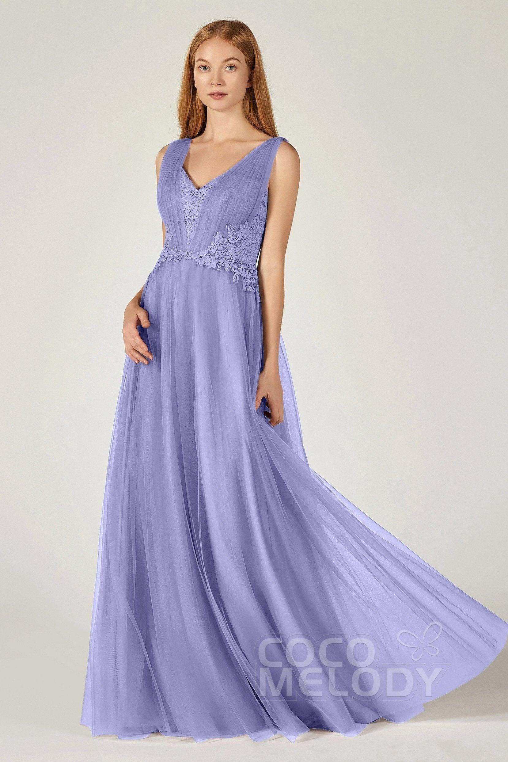 A-Line Floor Length Tulle/Lace Bridesmaid Dress CB0381 - COCOMELODY